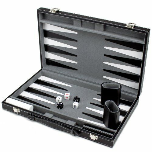 Brybelly Deluxe Backgammon Set With Stitched Black Leatherette Case, 15-Inch